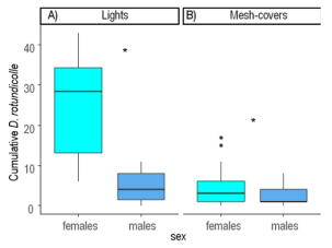 Comparison of females and males captured in light traps (A) and emergence from
mesh-covered trees (B). Data are shown as boxplots and correspond to cumulative
catches in all groves and seasons.
Asterisks indicate significant differences
(Chi-square test, P < 0,05)